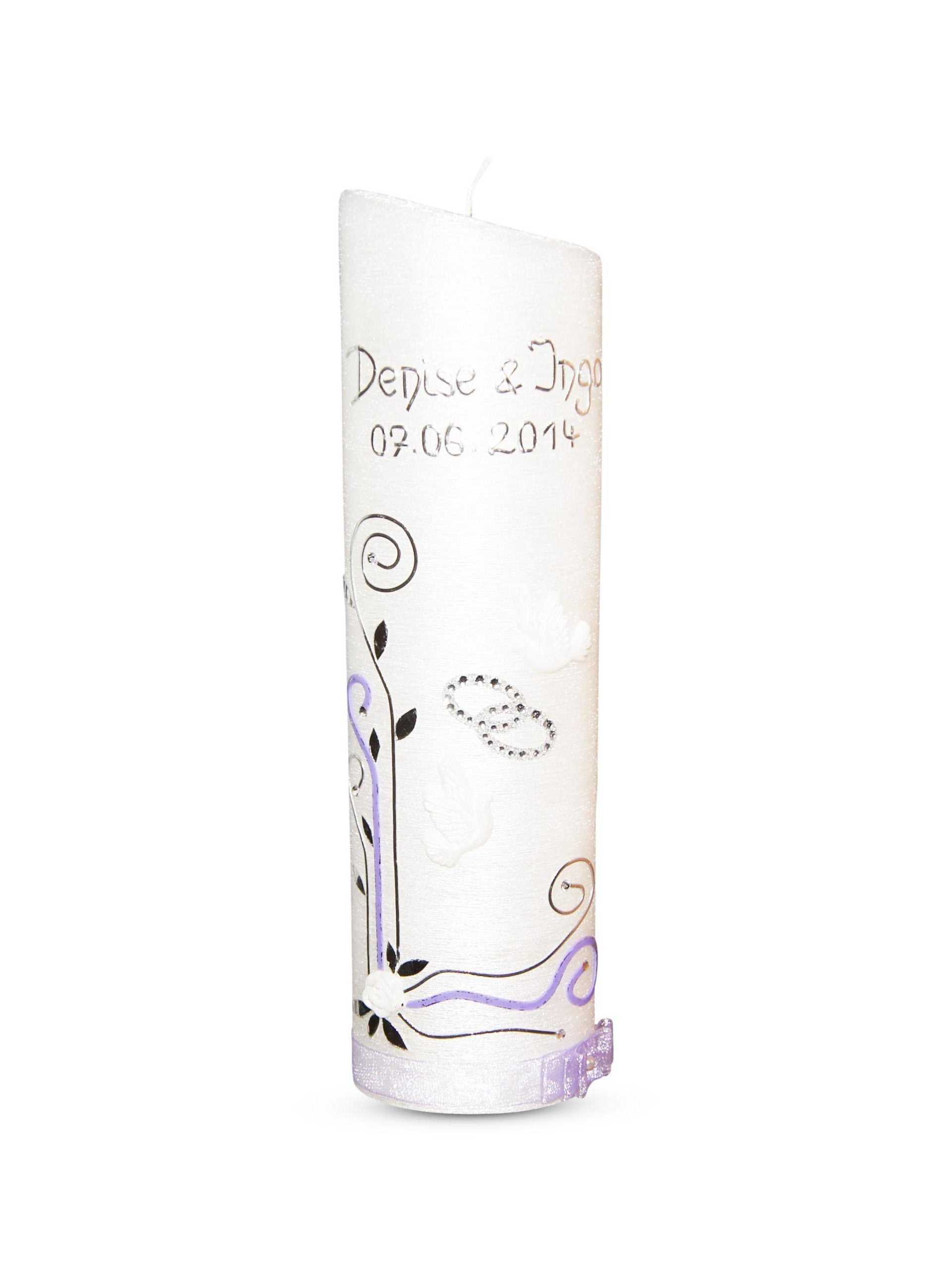 Hochzeitskerze Perlmutt Oval mit handgefertigten Tauben, Ringen, Namen und Datum in Silber