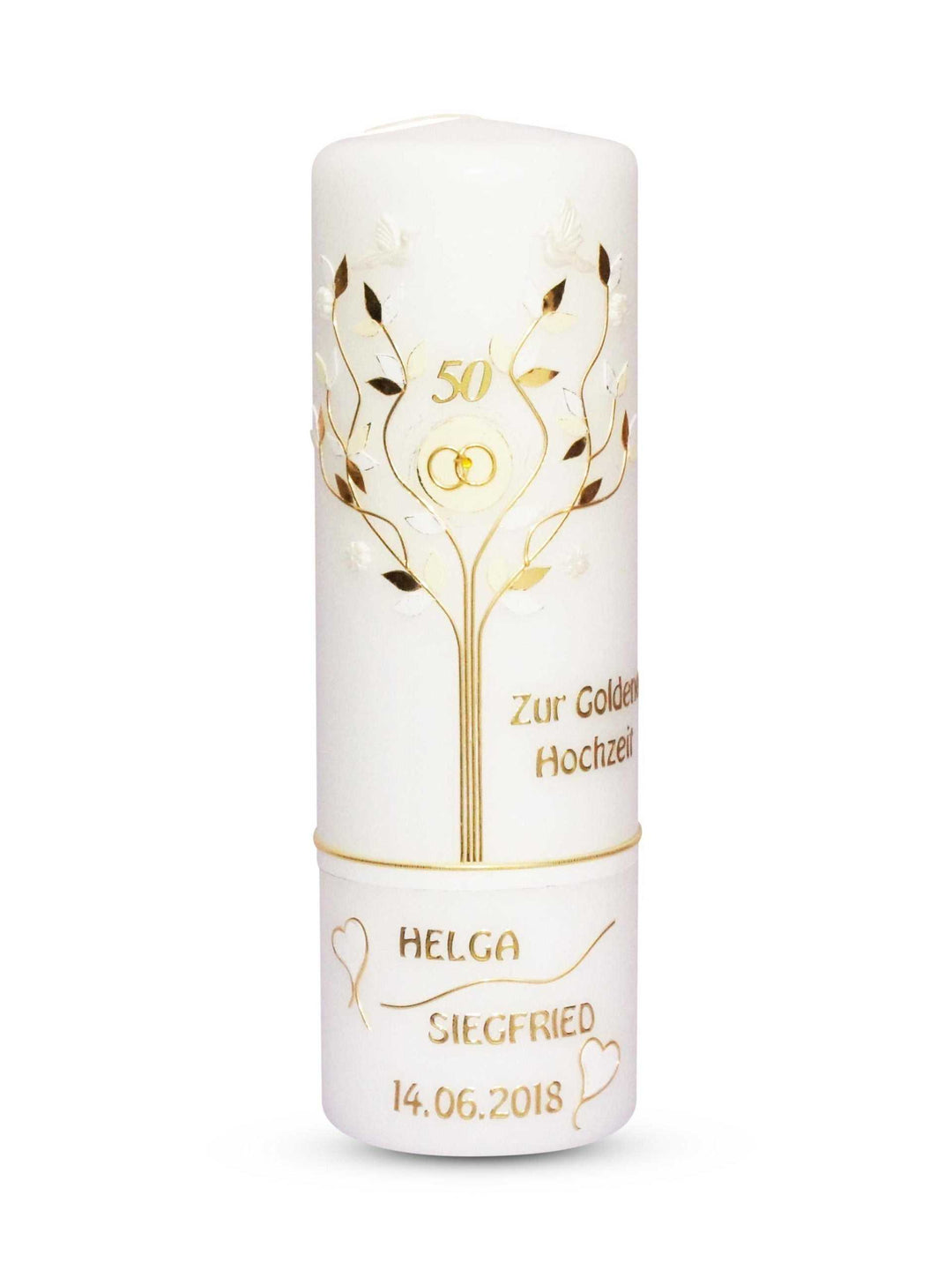 weiße Hochzeitskerze Lebensbaum mit goldener Verzierung und personalisiertem Schriftzug für Hochzeitstag