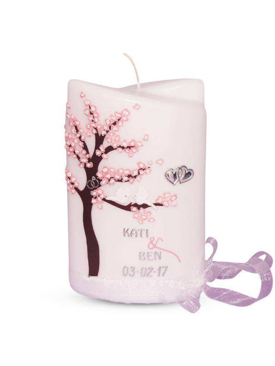 Hochzeitskerze Lebensbaum oval mit individuellem Namen und Datum in Silber, handgefertigt, romantisch und einzigartig