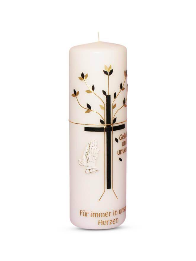 weiße Trauerkerze und Gedenkkerze mit Kreuz, Blattverzierung und tröstenden Händen, handgefertigt, mit Silberverzierung und individueller Beschriftung
