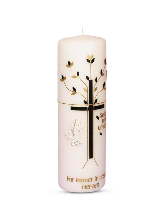 weiße Trauerkerze und Gedenkkerze mit Kreuz, Blattverzierung und tröstenden Händen, handgefertigt, mit Silberverzierung und individueller Beschriftung