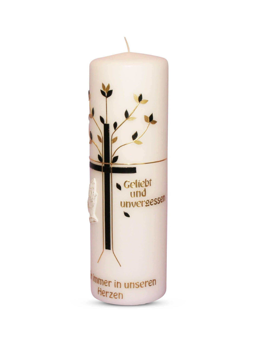 weiße Trauerkerze und Gedenkkerze mit schwarzem Kreuz und goldener Schrift für Kondolenz