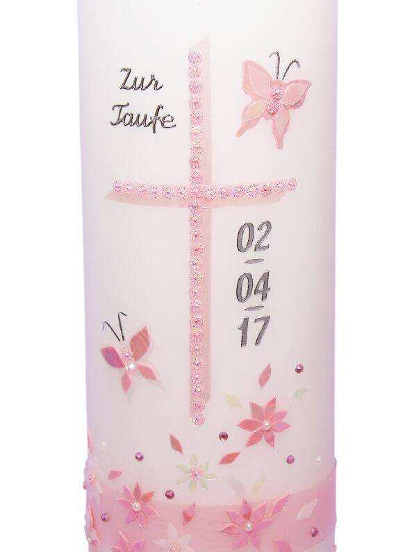 Taufkerze Mädchen Rosa mit Perlmutt, personalisiert mit Namen und Datum, handgefertigt, hochwertig und individuell gestaltet.