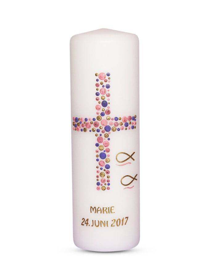 personalisierte Taufkerze Mädchen mit Kreuz aus bunten Kreisen in Flieder Rosa und goldener Beschriftung