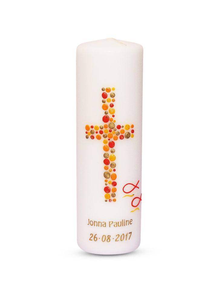 weiße Taufkerze Mädchen Junge mit buntem Perlenkreuz und personalisiertem Namen sowie Datum