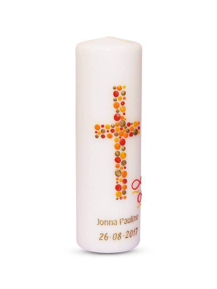 weiße individuelle Taufkerze Mädchen Junge mit buntem Kreuz und personalisiertem Namen sowie Datum