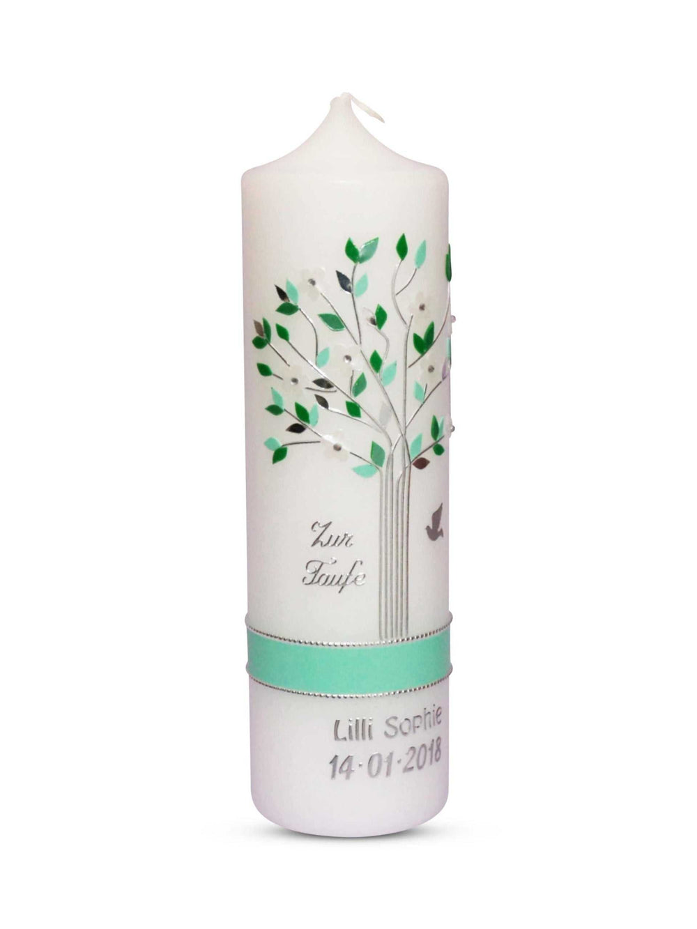Taufkerze Lebensbaum mit Namen und Datum personalisiert, weiße Taufkerze mit grünem Baum und handgefertigtem Design, hochwertige RAL-Kerze zur Taufe.