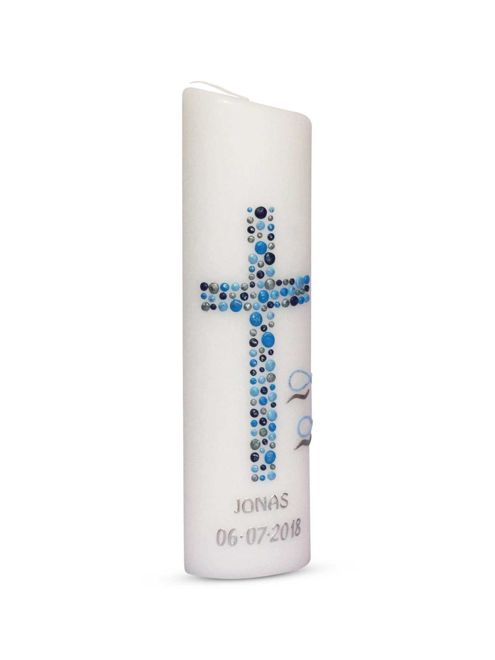 Taufkerze Blau Junge mit Kreuz und personalisiertem Namen und Datum