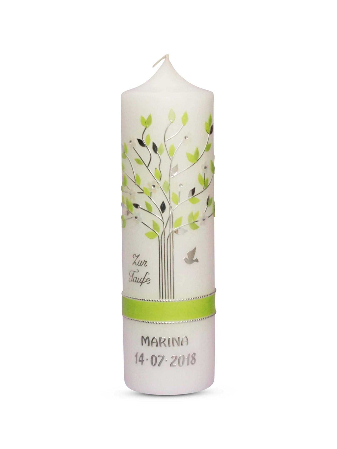 Taufkerze Lebensbaum, personalisiert mit Namen und Datum, handgefertigtes Design für Mädchen und Jungen.