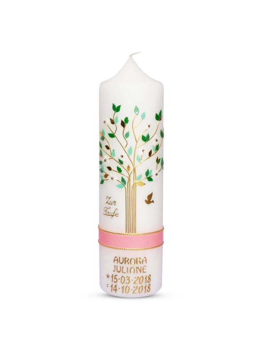 Taufkerze Mädchen mit Name und Datum Lebensbaum Rosa Grün € Taufkerze WKTH126 WikaKerzen