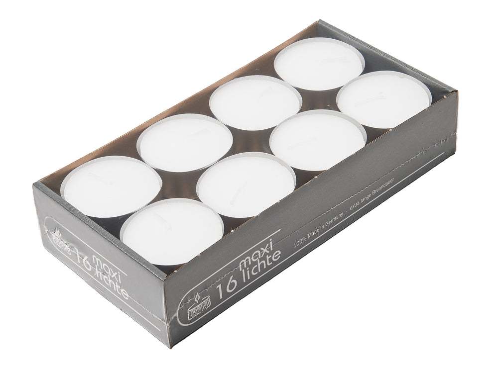weißes Teelicht ohne Duft in Aluminiumschale, 16 Stück, 7 Stunden Brenndauer, Durchmesser 5,7 cm, paraffinbasiert, Made in Germany