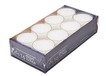 Packung mit 16 weißen Teelichten in transparenter Hülle, Brenndauer ca. 8 Stunden, ohne Duft, Durchmesser 5,7 cm, Paraffinwachs, ideal für Dekoration und Feiern