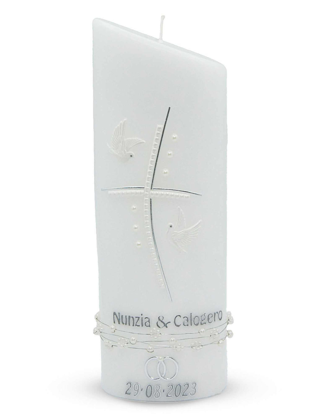elegante Hochzeitskerze Taufkerze Ellipse mit Kreuz und Taube in Weiß, personalisierte Handarbeitskerze