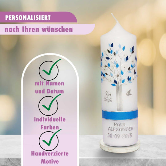 Taufkerze Junge Lebensbaum in blau - Modern & Individuell € Lebenskerze Jungen WKTH129 WikaKerzen