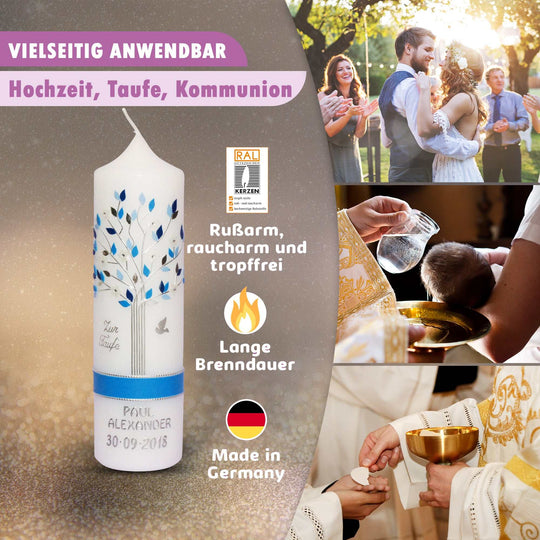 Taufkerze Junge Lebensbaum in blau - Modern & Individuell € Lebenskerze Jungen WKTH129 WikaKerzen