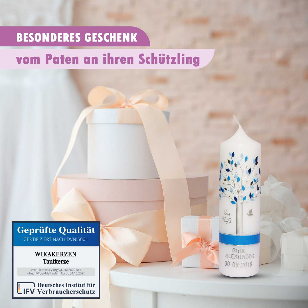 Taufkerze Junge Lebensbaum in blau - Modern & Individuell € Lebenskerze Jungen WKTH129 WikaKerzen