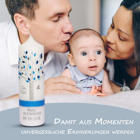 Taufkerze Junge Lebensbaum in blau - Modern & Individuell € Lebenskerze Jungen WKTH129 WikaKerzen