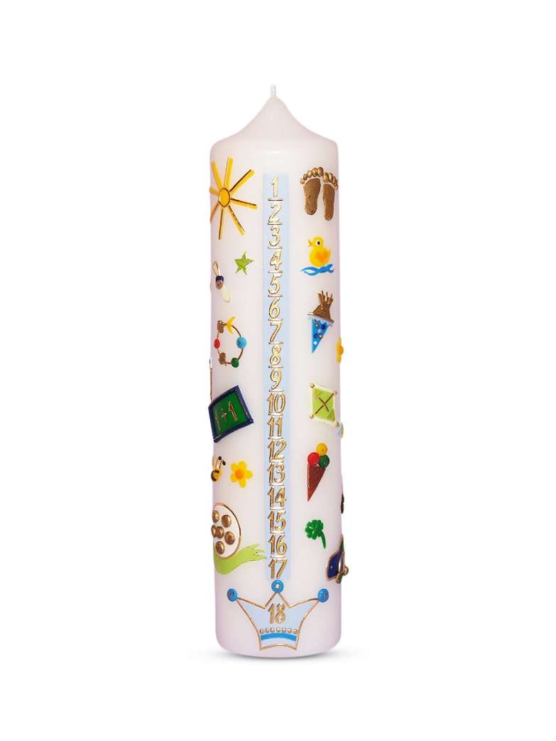 Personalized Lebenslicht Geburtstagskerze Nr. 6 with hand-crafted colorful motifs and numbers 1 to 18 on white pillar candle