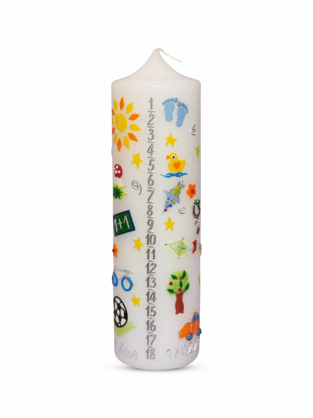 Lebenslicht Kerze personalisierte Geburtskerze mit bunten Motiven und Zahlen von 1 bis 18