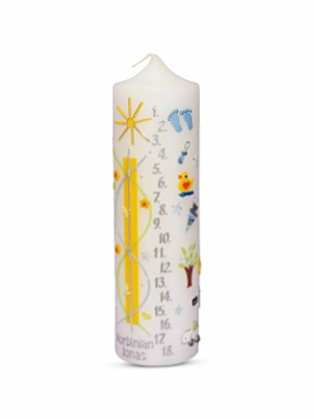 Personalized Lebenslicht Kerze birth candle with names, date, and colorful hand-painted design