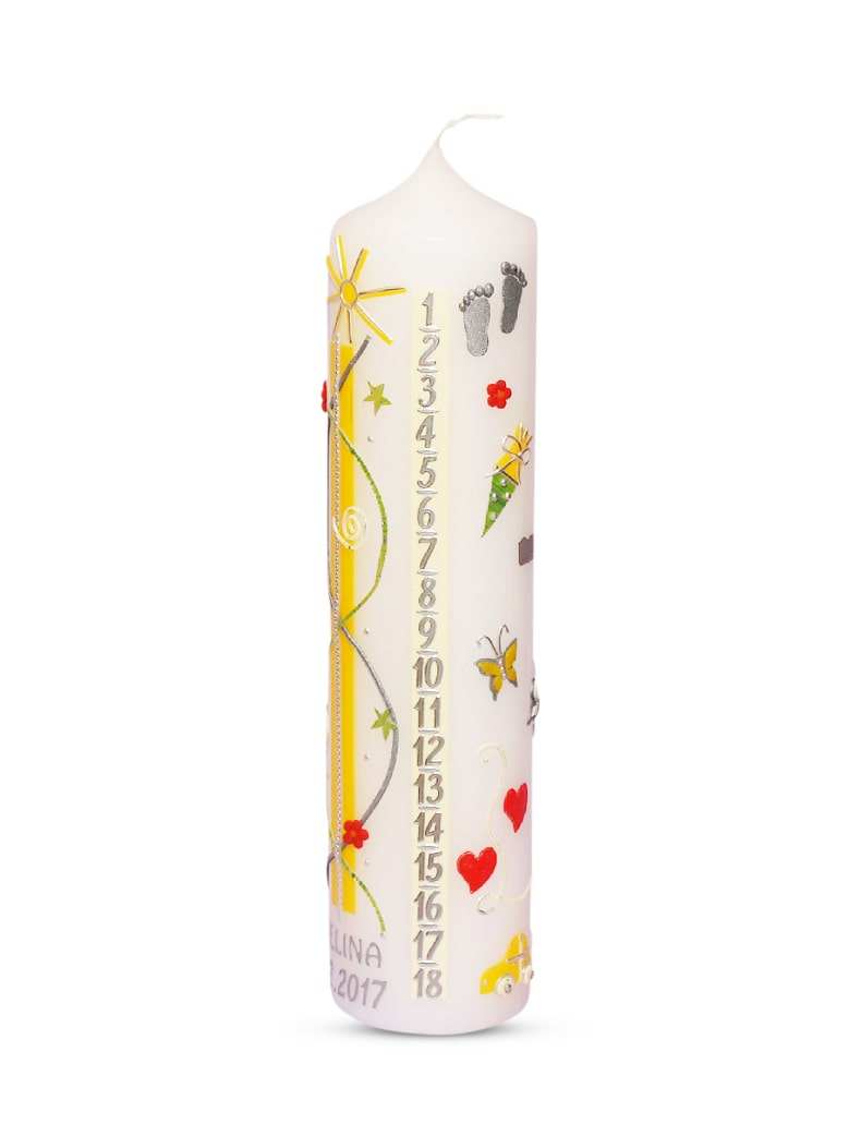 Lebenslicht Kerze handgefertigte Geburtstagskerze mit Zahlen, Fußabdrücken und bunten Verzierungen