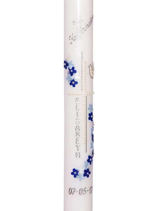 Weiße Kommunionkerze für Junge und Mädchen mit Kreuz, blauen Blumen, Name und Datum personalisiert