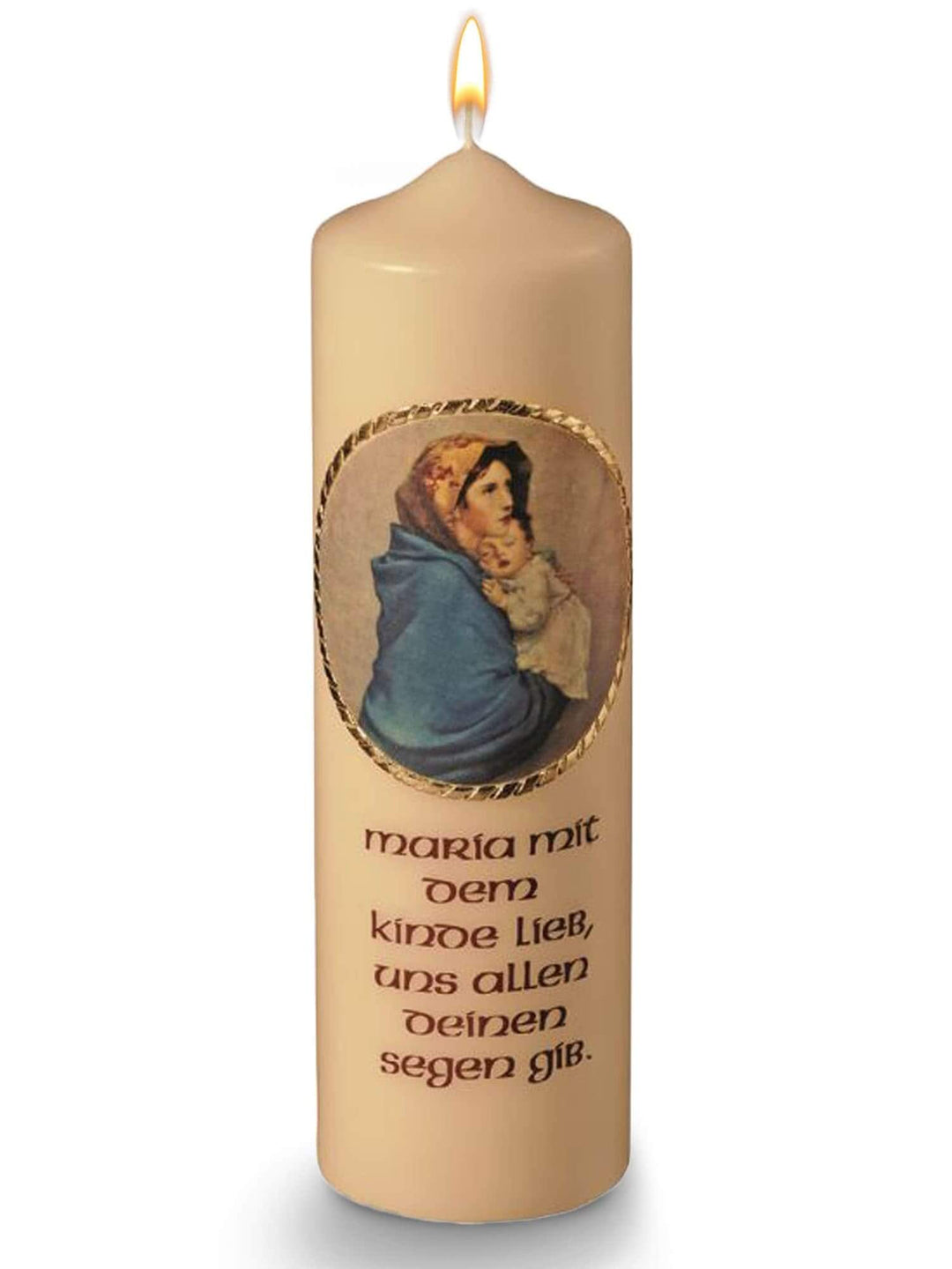 Handgefertigte Marienkerze in Champagner mit Darstellung von Maria und dem Kind für spirituelle Anlässe.