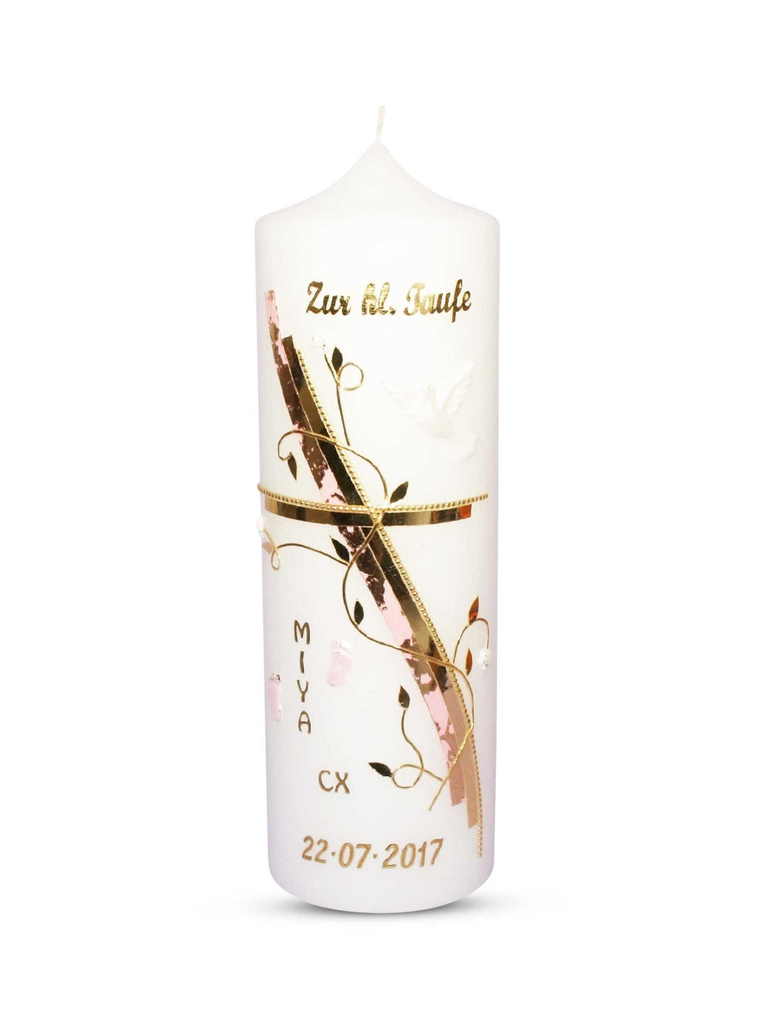 Personalisierte Taufkerze Mädchen mit goldenem Kreuz und Taube in Rosa, handgefertigt, individuell mit Namen und Datum