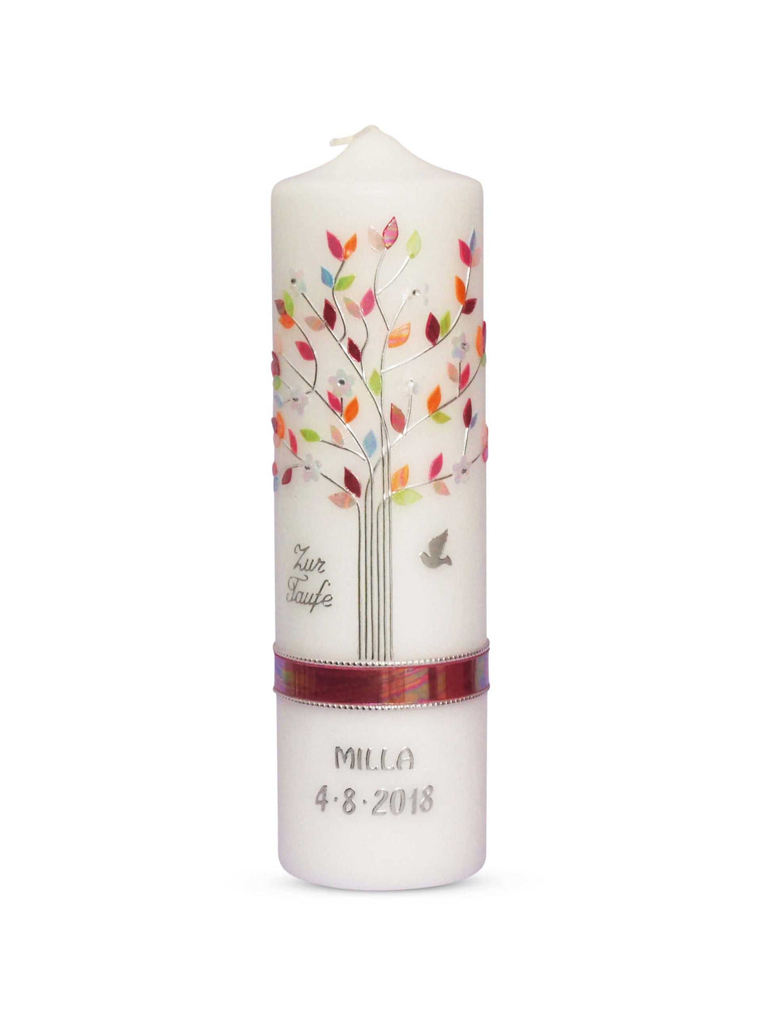 Personalized Taufkerze Lebensbaum baptism candle for girls with colorful tree design and name Milla, dated 4.8.2018