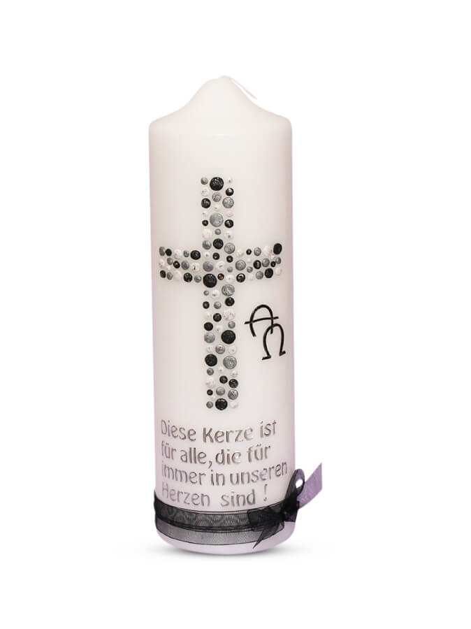 Trauerkerze u. Gedenkkerze Kreuz mit Silberverzierung, individuell beschriftbar, handgefertigt, 25x7cm, stilvolle Gedenkkerze von WikaKerzen
