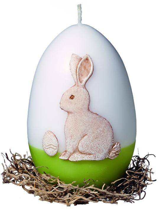 weiße Eikerze Peter Hase 12x8 cm aus Paraffinwachs mit handverziertem Hasenmotiv