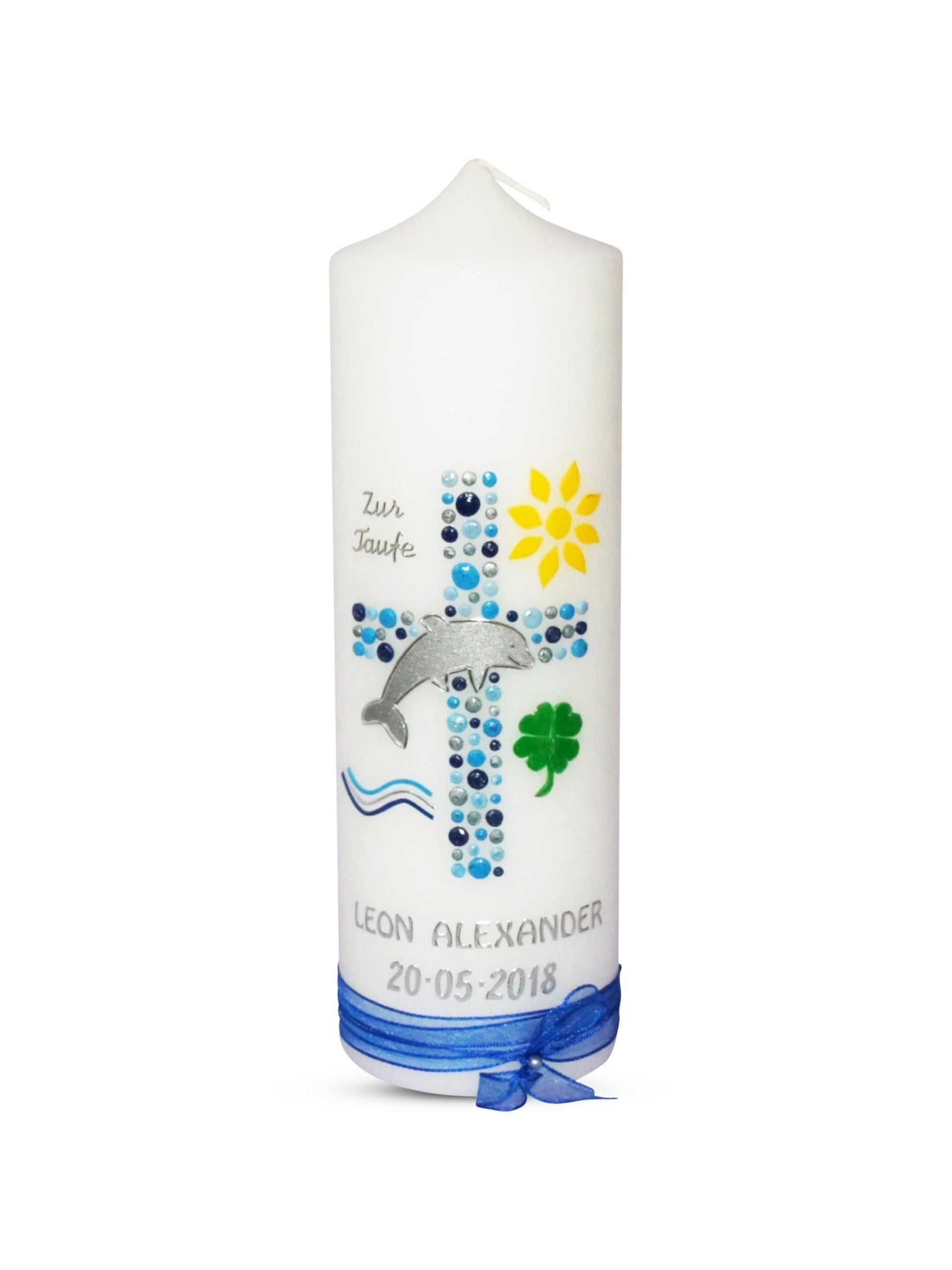 Taufkerze Junge Kreuz Kreise Delfin Blau Silber € Taufkerze WKTH062 WikaKerzen