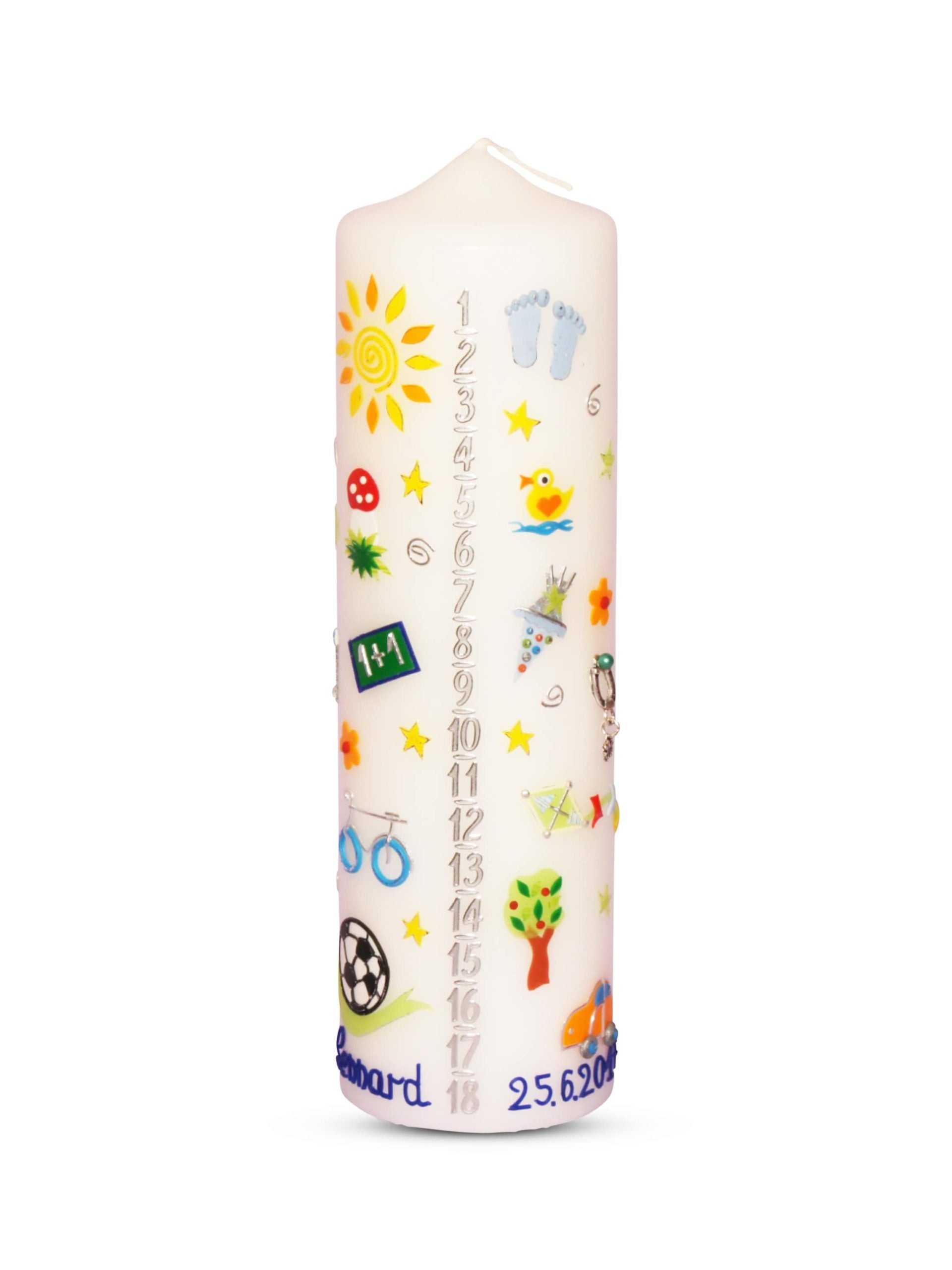 Personalisierte Geburtstags-Geburtskerze Nr. 14 mit bunten Motiven, Namen und Datum, handgefertigt, Qualitätskerze