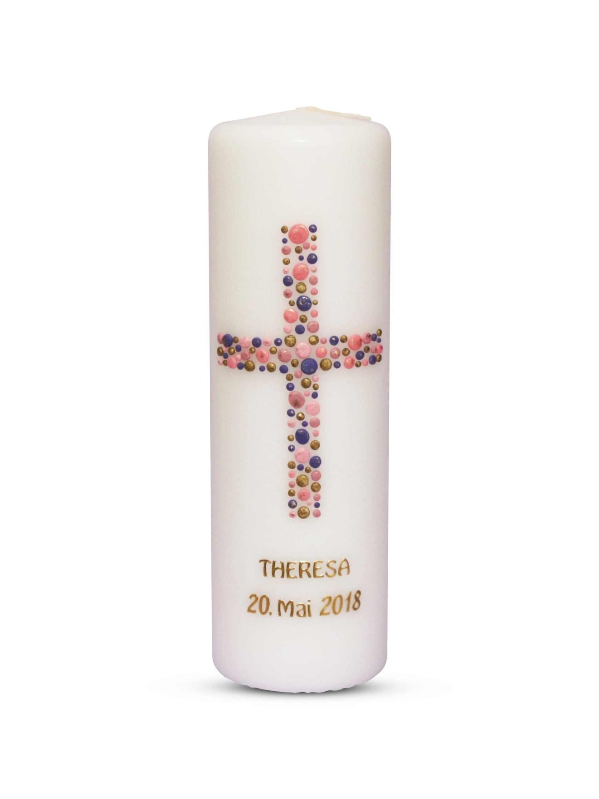 Taufkerze Mädchen Kreuz Kreise 5 Rosa Flider Gold € Taufkerze WKTH030 WikaKerzen