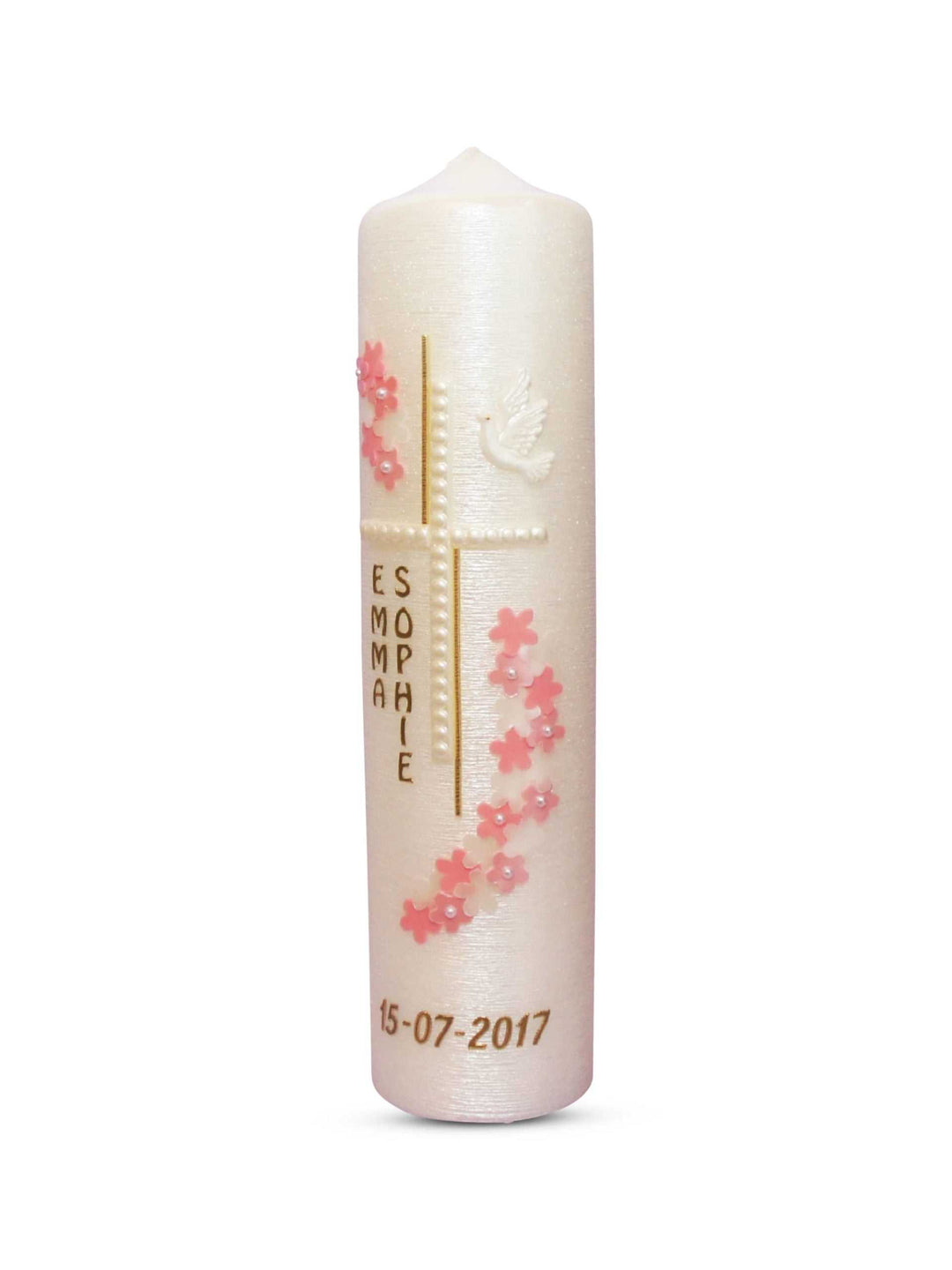 Taufkerze Mädchen Blumen - 6 Perlmutt Rosa Rose
