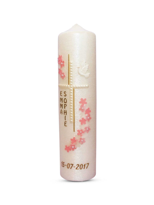 Taufkerze Mädchen Blumen - 6 Perlmutt Rosa Rose