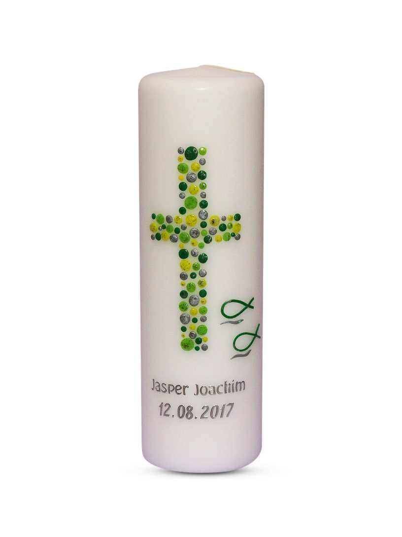 Taufkerze Mädchen Junge Kreuz Kreise 4 Grün Gelb € Lebenskerze Jungen WKTH004 WikaKerzen