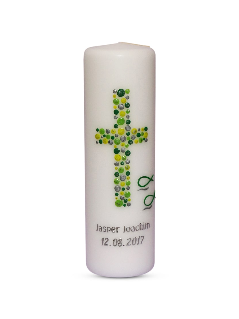 Taufkerze Mädchen Junge Kreuz Kreise 4 Grün Gelb