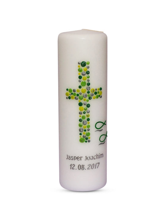 Taufkerze Mädchen Junge Kreuz Kreise 4 Grün Gelb