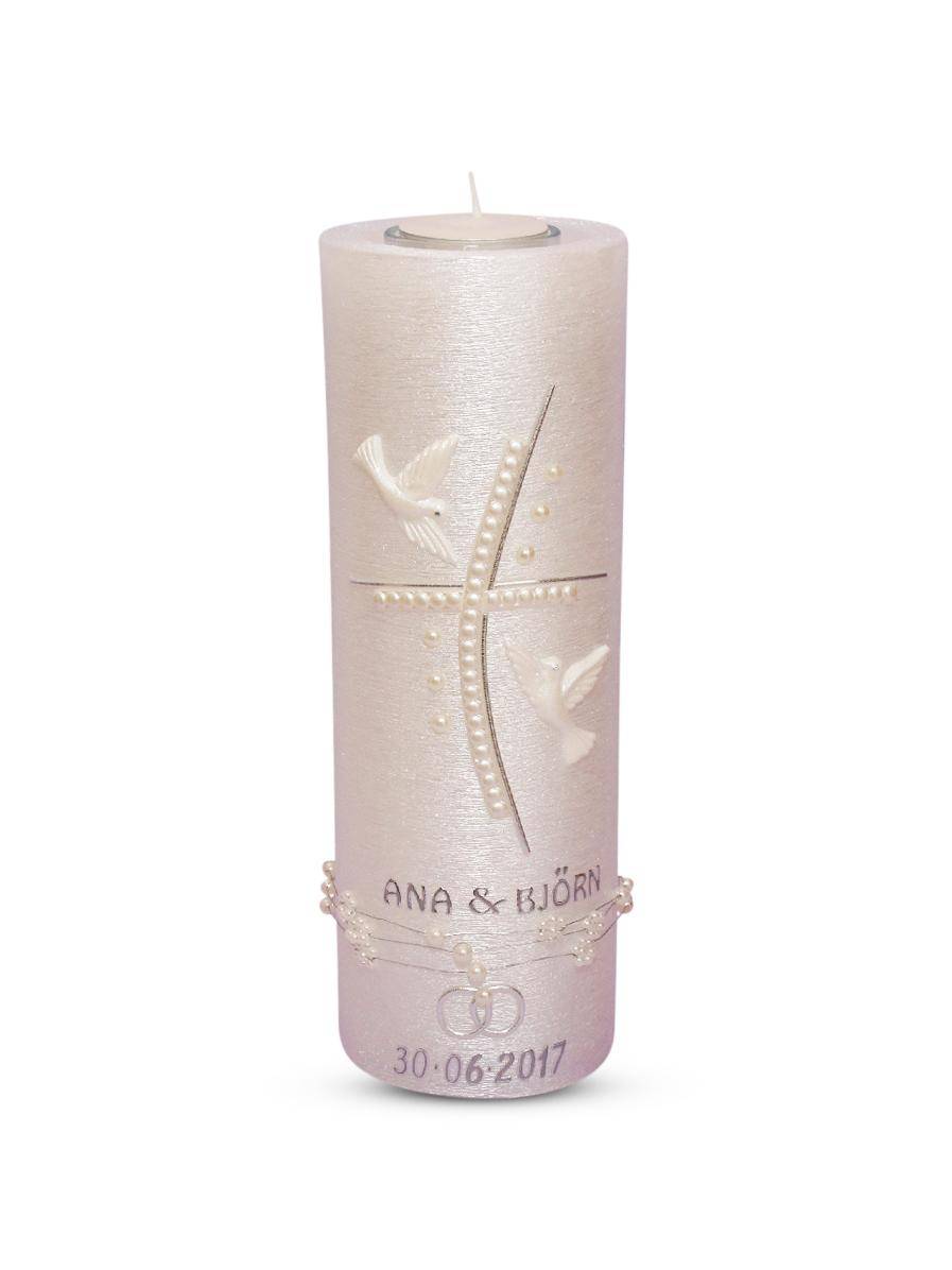 Hochzeitskerze mit Teelicht Perlmutt 4 Kreuz