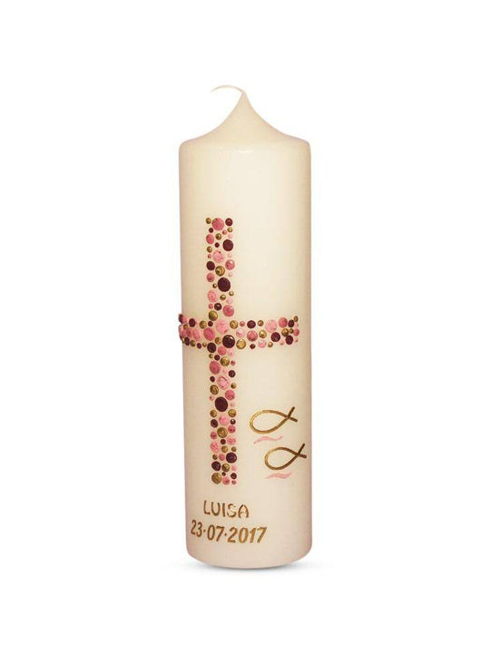 Taufkerze Mädchen Junge mit Name und Datum Kreuz-Kreise-12