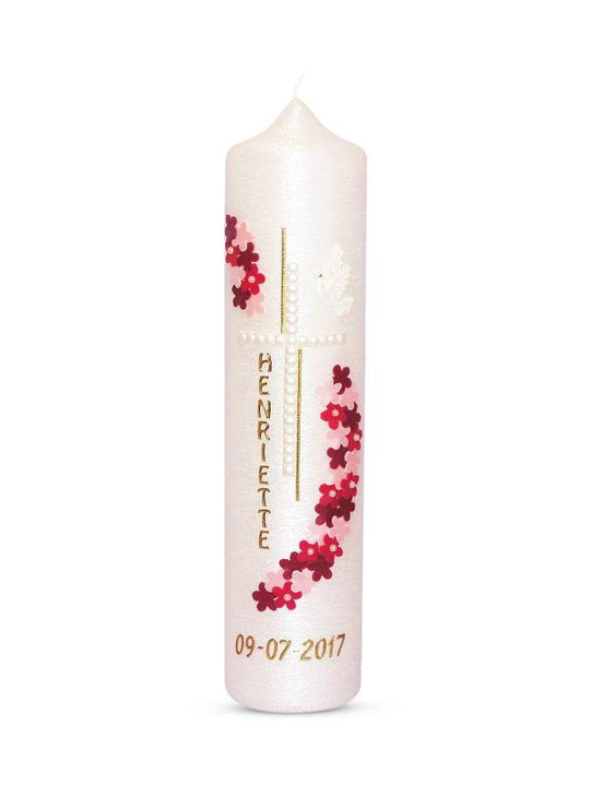 Taufkerze Blumen 5 mit Kerze mit Perlmutt Struktur
