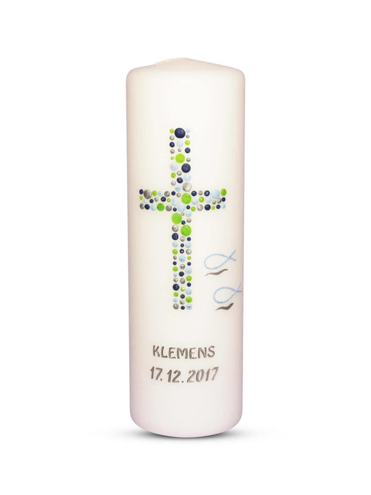 Taufkerze Junge Kreuz Kreise 25 Blau Grün Silber