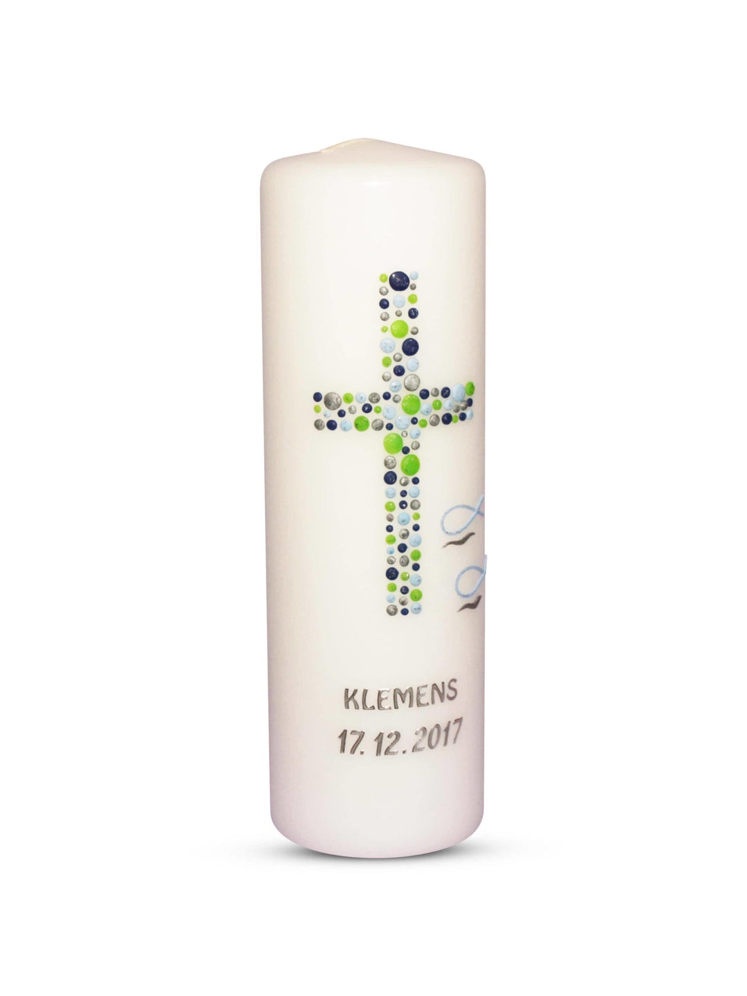 Taufkerze Junge Kreuz Kreise 25 Blau Grün Silber
