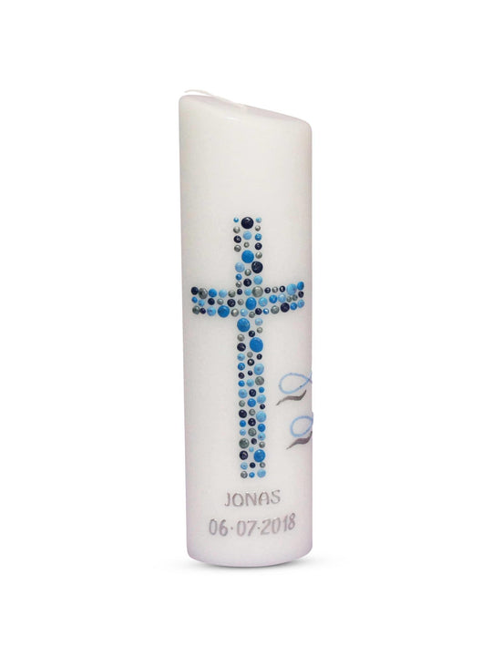 Taufkerze Blau Junge Ellipse mit Name und Datum Kreuz Kreise 31