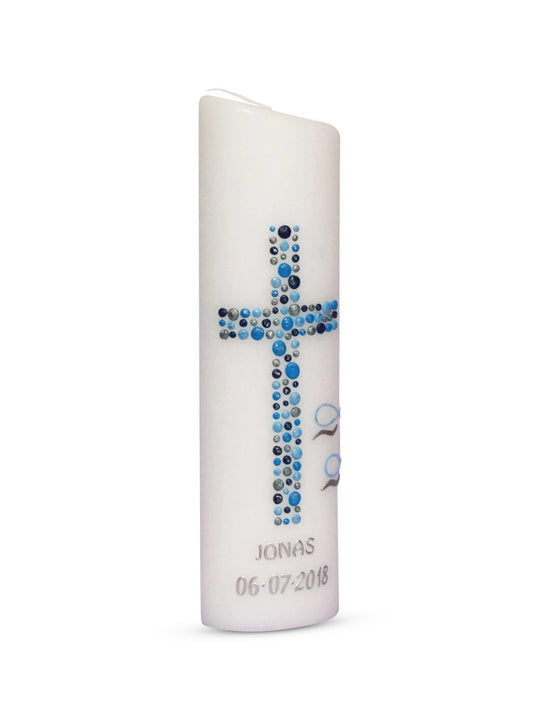 Taufkerze Blau Junge Ellipse mit Name und Datum Kreuz Kreise 31
