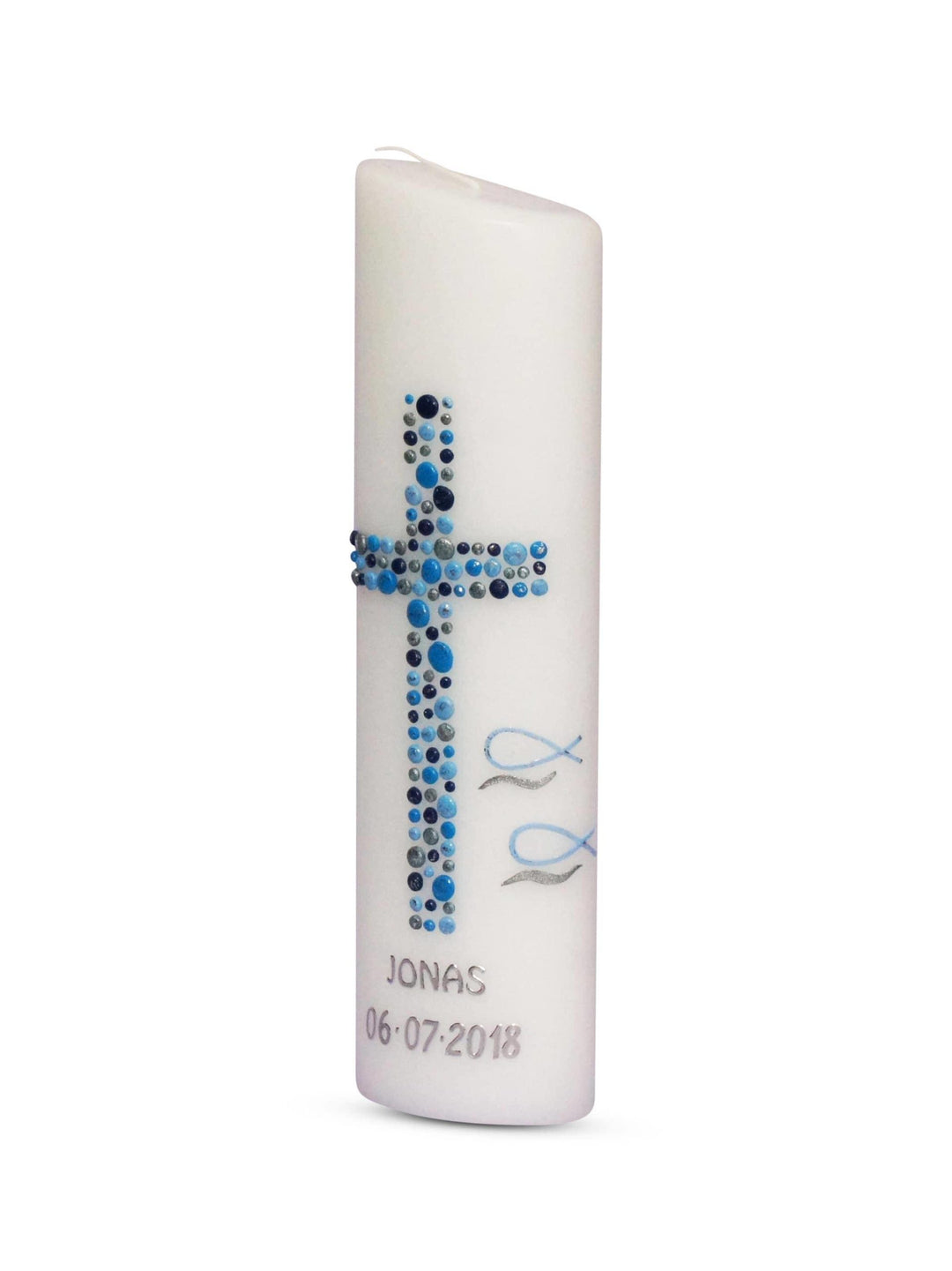 Taufkerze Blau Junge Ellipse mit Name und Datum Kreuz Kreise 31