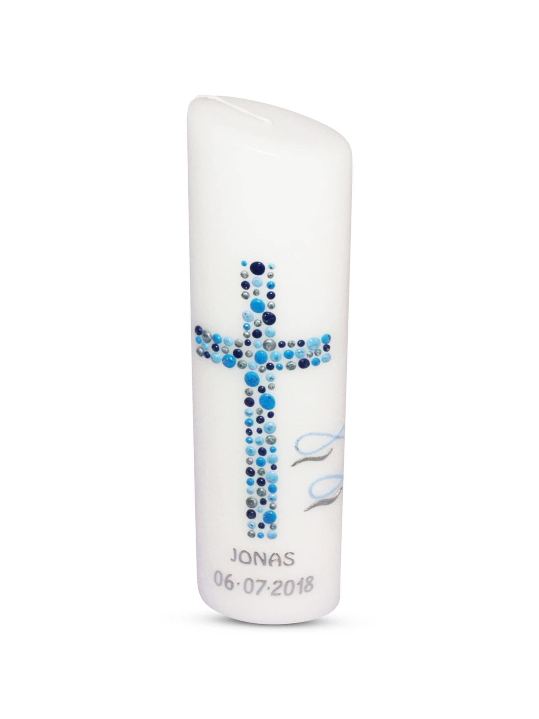 Taufkerze Blau Junge Ellipse mit Name und Datum Kreuz Kreise 31