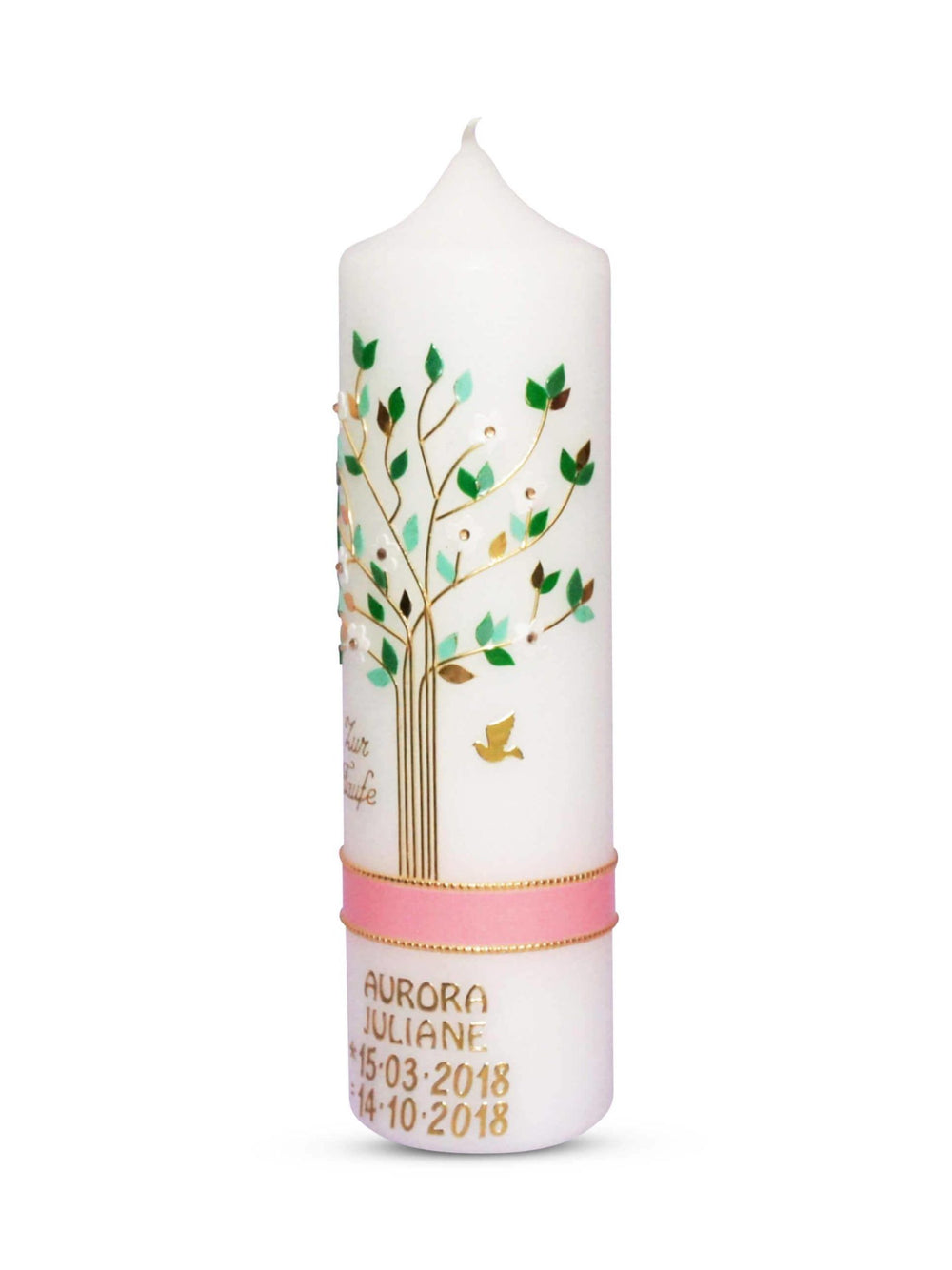 Taufkerze Mädchen mit Name und Datum Lebensbaum Rosa Grün