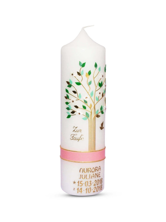 Taufkerze Mädchen mit Name und Datum Lebensbaum Rosa Grün